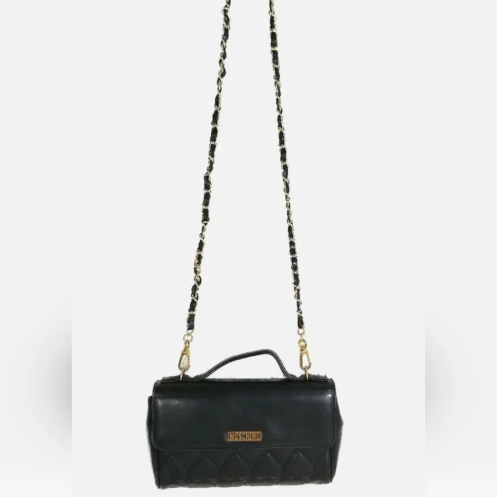 Vintage MOSCHINO Black Leather Heart Stitched Shoulder Satchel Handbag